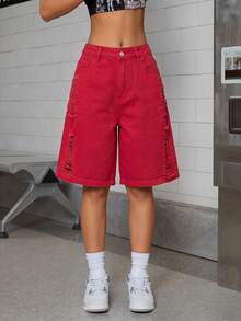 SHEIN ICON 女士宽松破洞口袋牛仔短裤 - 紅色 - 查看 3