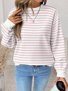 SHEIN LUNE 休闲简约复古优雅通勤百搭暖粉色条纹印花图案，沙滩度假装，女士夏季服装，宽松圆领长袖卫衣 - 彩色 - 查看 3