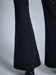 ROMWE Goth 哥特式镂空紧身喇叭牛仔裤 - 黑色 - 查看 7
