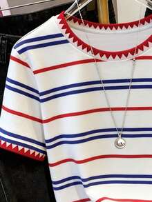 Resyla Striped Digital Print Fashionable Minimalist Women's Regular Crew Neck T-Shirt, Gift For Friends - Multicolor - View 3