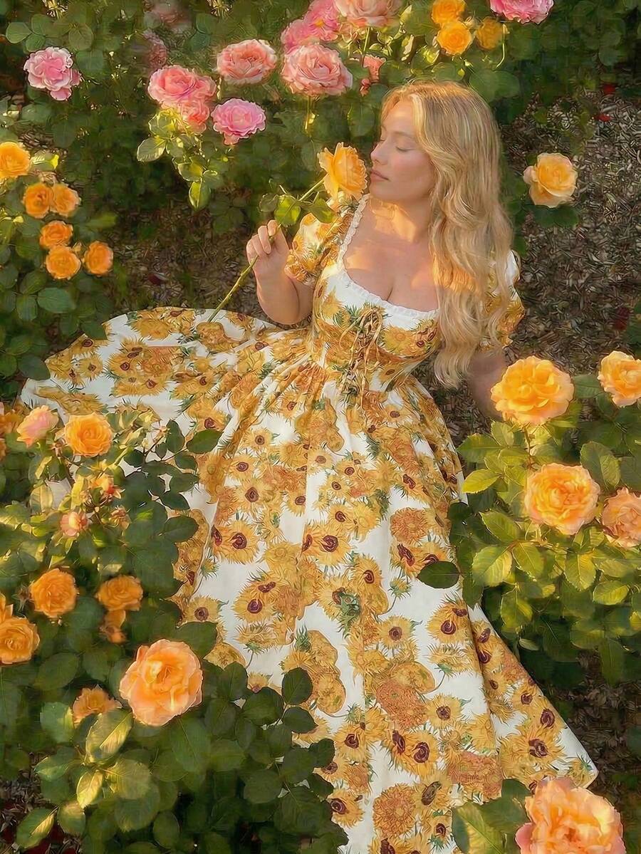 SHEIN MOD 大码复古油画印花交叉系带泡泡袖长连衣裙——完美适用于度假、约会、野餐、派对、舞会、节日和生日穿着；浪漫可爱，Y2K风格