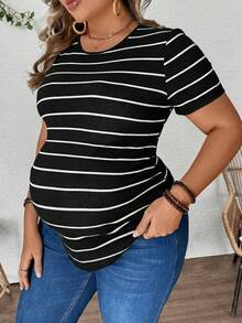 Plussiva Maternity Plus Size Casual Striped Short Sleeve Top, Summer - Black - View 6