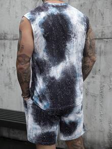Manfinity Homme Men's Casual Vacation Style Tie-Dye Print Distressed Fabric Tank Top And Elastic Waist Shorts Set - Multicolor - View 2