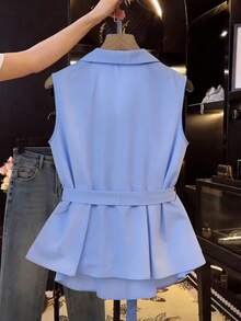 Franclia V领褶裥无袖系带女式衬衫 - 藍色 - 查看 2