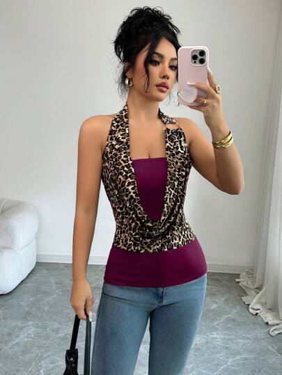 SHEIN Elenzya 2025 New Arrival Sexy Backless Spaghetti Strap Knit T-Shirt, Leopard Patchwork Sleeveless Crop Top, Suitable For Casual, Vacation, Date, Party, Valentine's Day Wear For Women Aged 20-35+
