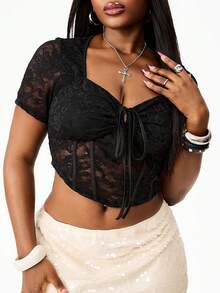 Coolane Women's Plus Size Summer Flattering Curvy Fit Elegant  Sexy Lace Slim Fit T-Shirt Plus Size Waist-Defining Top, Figure-Flattering Fit - Black - View 5