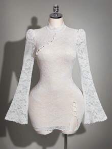 SHEIN ICON Fitted Lace Fabric Asymmetrical Shoulder Long Sleeve Split Mini Dress - White - View 3