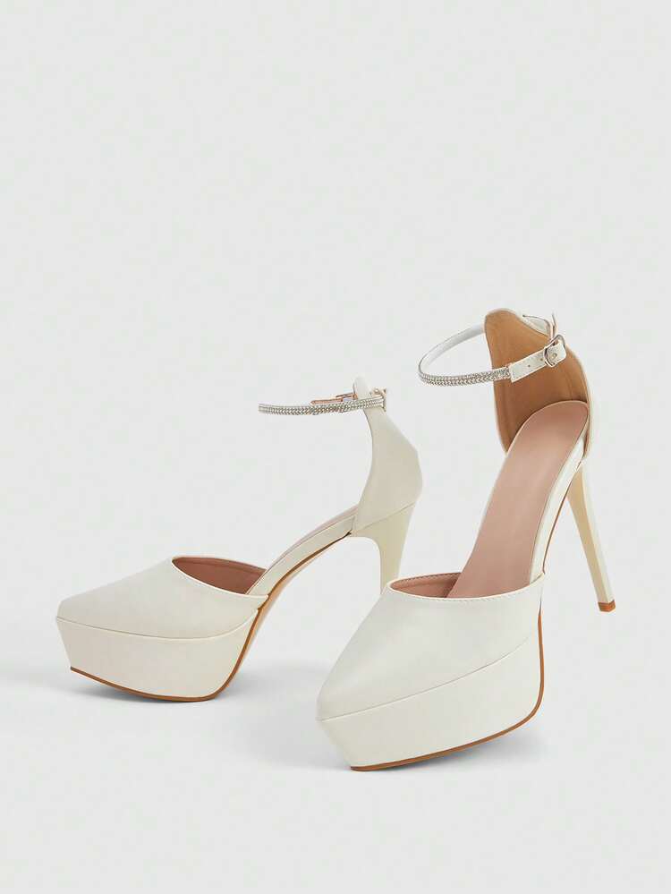 CUCCOO LuxiPop Spring And Summer New Fashion Diamond Belt Winding Belt Structural Design Pointed Wine Glass Heel High Heel Thick Sole Fashion Elegant Temperament Sexy Fragrant Rice White PU Material Women's High Heel Nightclub Style Single Shoes Exposed Heels Dress Shoes Dating Afternoon Tea Party Valentine's Day Elegant Wear
