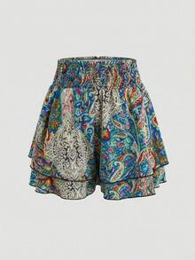 SHEIN PETITE Pantalones cortos casuales con cintura elástica y estampado para mujeres de talla pequeña, versátiles para vacaciones, primavera/verano - Verde - Ver 2