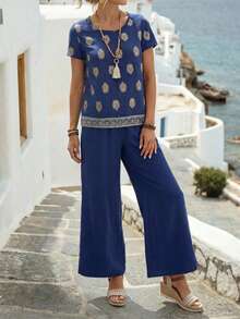 EMERY ROSE 2件套女士印花短袖休闲上衣和直筒裤，春夏 - 寶藍色 - 查看 4