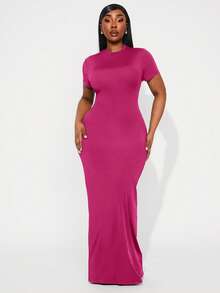 Radiana Plus Size Elegant Solid Color Slim Fit Dress, Summer Mint Green Short Sleeve Maxi Curvy Women Dresses Curve Bodycon Evening Party Date Night Light - Hot Pink - View 1