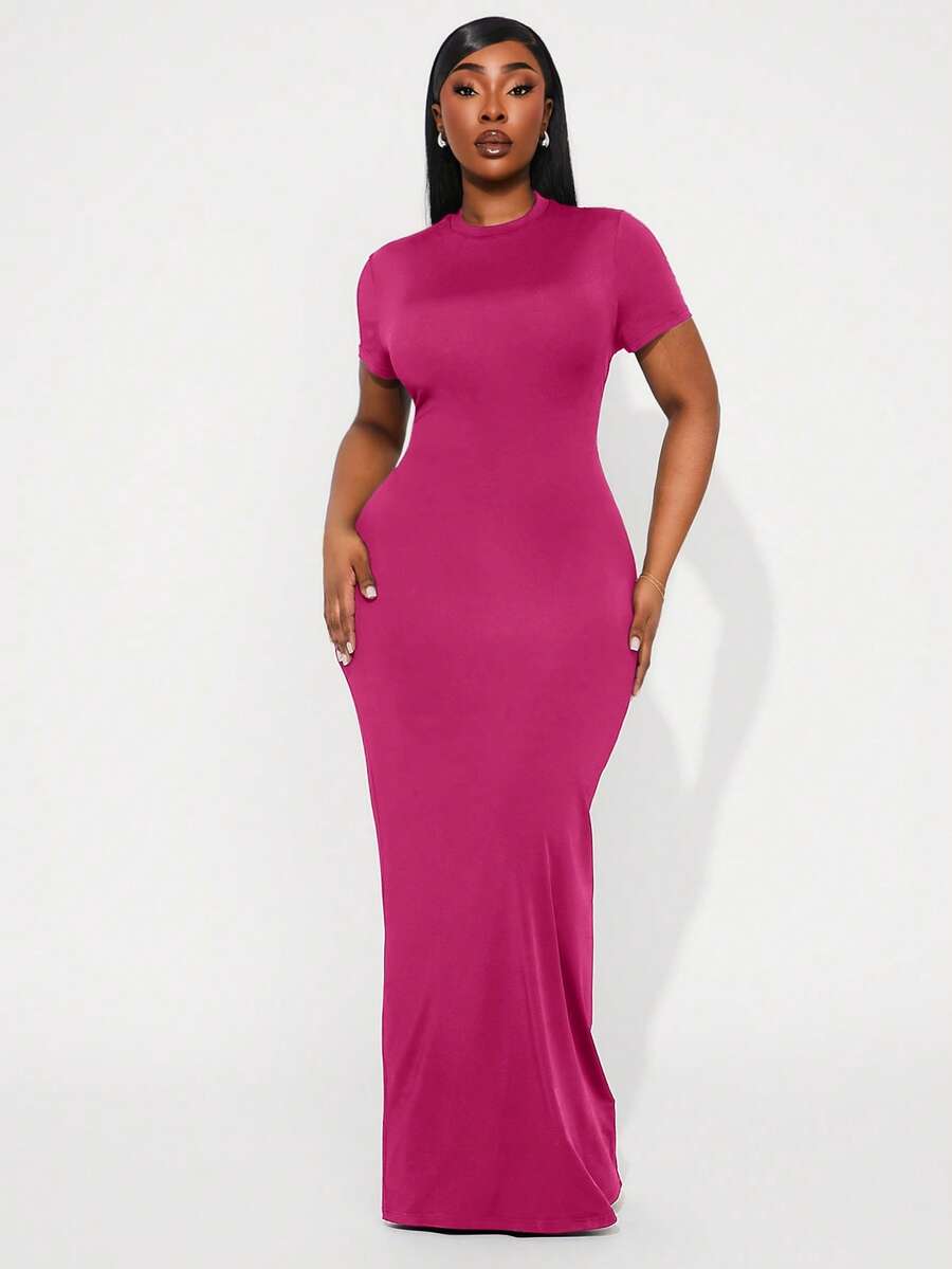 Radiana Plus Size Elegant Solid Color Slim Fit Dress, Summer Mint Green Short Sleeve Maxi Curvy Women Dresses Curve Bodycon Evening Party Date Night Light - Hot Pink - View 1