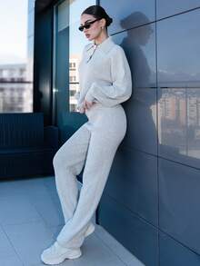 Bris Aura 2件套女士休闲翻领毛衣和裤子套装，秋季 - 米色 - 查看 3