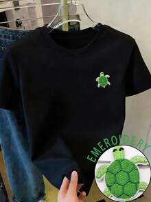 Resyla Cute Turtle Print Summer Women Round Neck Short Sleeve T-Shirt - Black - View 1