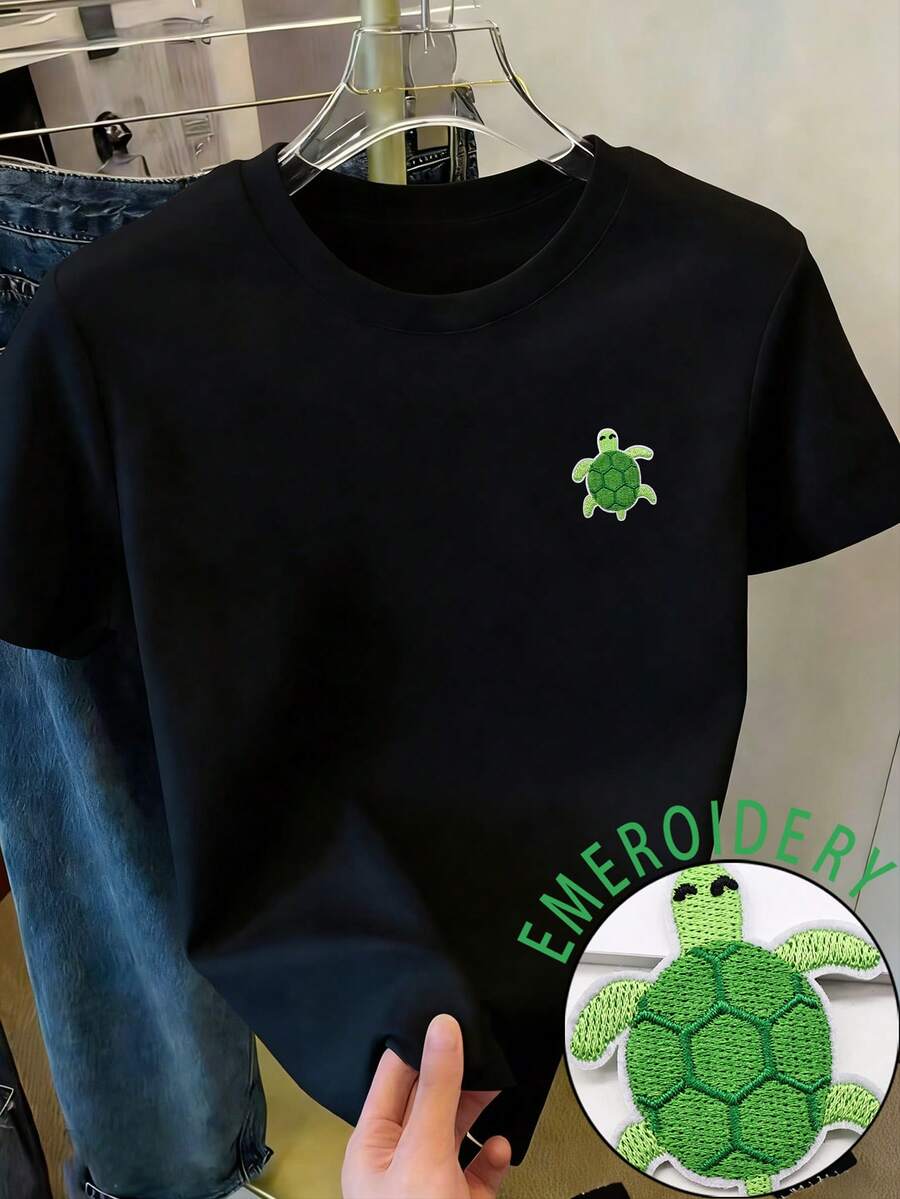 Resyla Cute Turtle Print Summer Women Round Neck Short Sleeve T-Shirt - Black - View 1