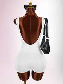 Amplova Women's Rhinestone Embellished Jumpsuit, Shiny Sparkly Backless Sexy Avant-Garde Party Jumpsuit Bodysuits For Ladies Body Fitting Dress Bodysuits For Women Tummy Control Club Outfits For Ladies - White - View 3