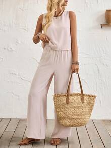 Breezaya Women's Casual Backless Round Neck Jumpsuit For Summer - Apricot - View 2