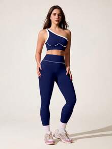 SHEIN Core Rhythm Bộ đồ thể thao nữ gồm áo tank top yoga lệch vai không đường may và quần tập nâng mông co giãn cao. - Màu xanh hải quân - Xem 5
