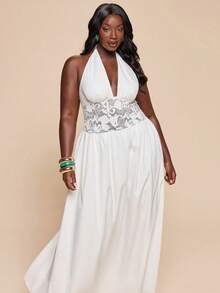 SHEIN BAE 大码女式吊带系带连衣裙，宽松飘逸度假连衣裙 - 白色 - 查看 4