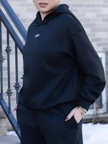 Melissa Matos 女式黑色休闲宽松连帽衫和运动裤两件套，保暖内衬，秋冬 - 黑色 - 查看 4