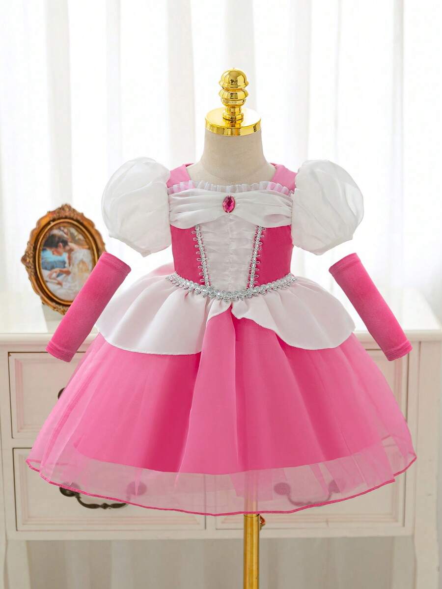 SHEIN Glamorique Kids 女婴公主薄纱连衣裙,玫瑰红网纱连衣裙,宝石装饰,生日派对婚礼节日正式礼服,泡泡袖,可爱奢华正式礼服,四季皆宜,袖口带装饰 - 玫紅色 - 查看 1