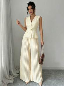 Elenzga Bộ đồ công sở thanh lịch, lãng mạn, tối giản dành cho nữ, gồm áo blazer không tay cổ lệch, eo thắt, xếp ly, cài nút trang trí và quần dài. - Vàng nhạt - Xem 8