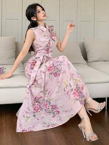 DAZY Women's Blush Pink Elegant Floral Print Mid-Length Dress,Summer Boho Sun Dresses For Date Night,Vacation Outfit,Festive Casual Sleeveless Belted Dress - Pink - View 3