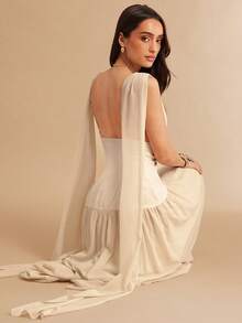 Silquee Apricot & White Deep V-Neck Ruched A-Line Backless Dress, Elegant Attire For Bridesmaids, Weddings, Beach Vacations, Dates, Parties, Cocktail Events, Romantic Occasions - Apricot - View 7