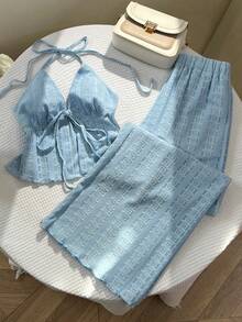 Elamini Petite Bộ đồ 2 món gồm áo hai dây và quần ống đứng dáng rộng bằng vải jacquard dành cho nữ, thích hợp cho mùa xuân/hè. - Màu xanh lam - Xem 1