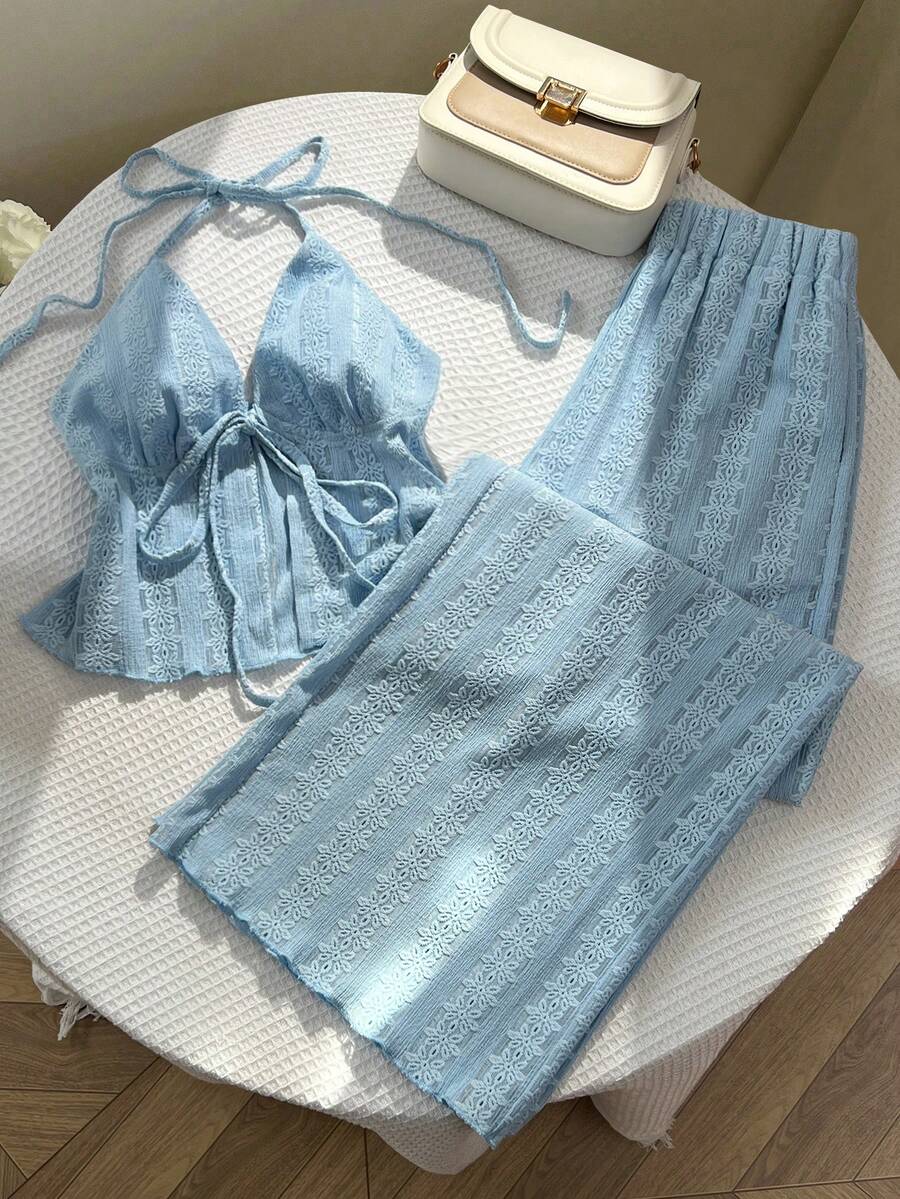 Elamini Petite Bộ đồ 2 món gồm áo hai dây và quần ống đứng dáng rộng bằng vải jacquard dành cho nữ, thích hợp cho mùa xuân/hè. - Màu xanh lam - Xem 1