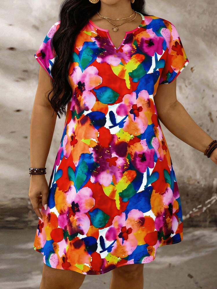 Plus Size Women Floral Print V-Neck Short Sleeve Casual Dress\Summer\Vacation\Flower, Summer Dress