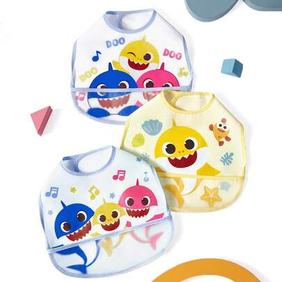 BABY SHARK X SHEIN Bộ 3 yếm ăn cho bé từ 6 tháng đến 3 tuổi, chống thấm nước, chống dầu mỡ và chống bám bẩn, chất liệu TPU, họa tiết hoạt hình dễ thương, phù hợp cho cả bé trai và bé gái, thích hợp cho bé ăn dặm, mềm mại, siêu nhẹ, có thể gấp gọn và dễ mang theo.