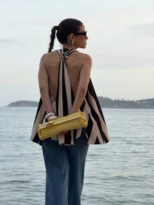 Firerie 女士优雅通勤OL音乐节海滩度假嘉年华条纹露背上衣，V领条纹吊带背心，百搭夏季单品。女士假日装，黑白斜条纹，母亲节礼物，春夏必备，海滩休闲，外出上衣 - 黑與白 - 查看 7