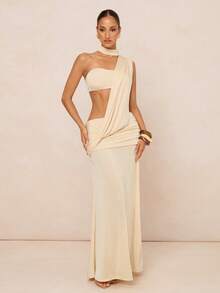 Lumalex 女士纯色褶皱性感长裙，适合派对穿着 - 杏色 - 查看 13