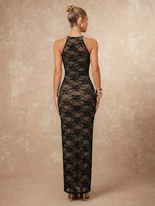 Lumalex 女士圆领褶皱交叉金属装饰修身连衣裙 - 黑色 - 查看 3