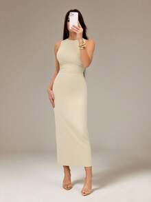 SHEIN Tall 杏色针织修身连衣裙，百搭休闲日常装，春夏款 - 米色 - 查看 6