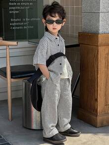 Dazy Kids 男童格子短袖衬衫和裤子套装（夏季款） - 黑與白 - 查看 3