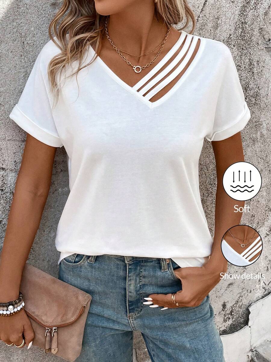 SHEIN LUNE Women's Solid Color Short Sleeve T-Shirt With Asymmetric Neckline,Casual - White - View 1