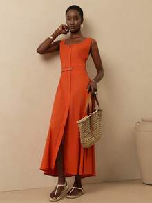 Vesra Women's Solid Color Split Design Fashionable Date Party Dress - Orange - View 6