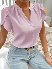 EMERY ROSE 夏季休闲纯色翻领衬衫 女士夏季上衣 女士上衣和衬衫 粉色衬衫 可爱女士上衣 短袖衬衫 女士夏季衬衫 女士办公上衣 女士休闲现代衬衫 - 紫色 - 查看 6