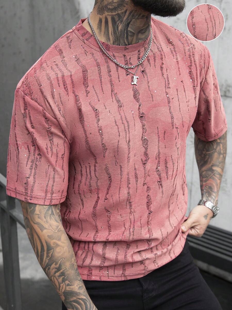 SLATEMANN Men's Casual Distressed Round Neck Short Sleeve T-Shirt - Red - View 1