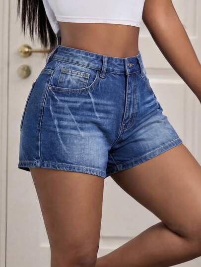 Slaydiva 女士高腰口袋休闲百搭牛仔短裤
