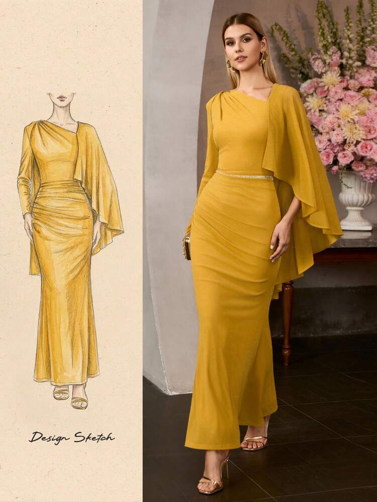 MOTF Soiréza GLAMOROUS ELEGANT YELLOW ASYMMETRICAL SLEEVE WITH DRAPED CAPE MAXI PARTY GOWN – WAIST RUFFLE DETAIL, FISHTAIL DRESS & FORM-FITTING SILHOUETTE | IDEAL FOR HOLIDAY PARTIES, NEW YEAR'S EVE, GALAS & FORMAL EVENTS ,WEDDING