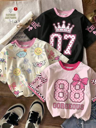 少女三件套数字印花短袖套装，休闲舒适，适合春夏穿着，时尚百搭，适合户外活动、野餐、街头摄影、居家、上学、节日庆典等场合，也是馈赠佳品。