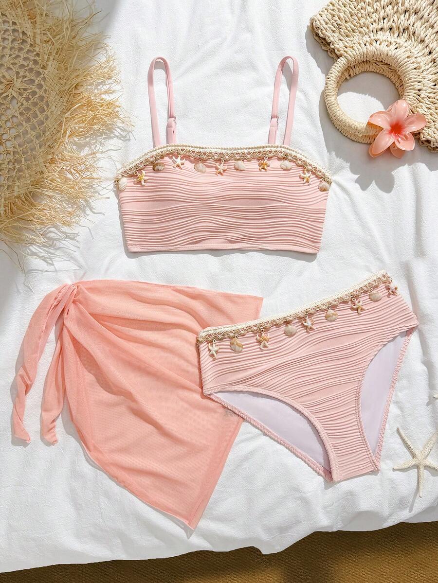 SHEIN 女童粉色贝壳海星无肩带分体泳衣网纱罩裙三件套夏季新款亲肤速干泳衣波浪纹理贝壳装饰高腰设计沙滩度假泳池时尚套装温柔甜美风格必备少女沙滩装泳衣三件套可爱泳衣夏季套装少女泳衣可爱泳衣少女夏季度假套装可爱夏季套装 - 粉色 - 查看 1