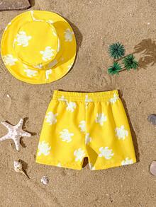 Souflis Souflis 2 pièces Ensemble de maillot de bain pour bébé garçon, Short de bain et chapeau avec motif mignon de tortue verte, Short de plage à cordon de serrage ajustable, Tenue de vacances et de plage - Jaune citron - Voir 2
