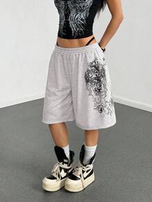 StreetHx 女士灰色朋克印花宽松七分裤 - 淺灰色 - 查看 5