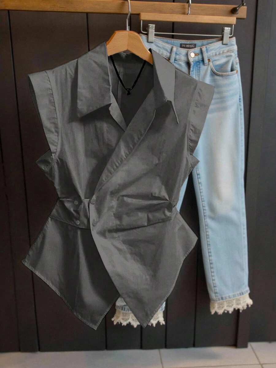 INAWLY 女士标准尺码休闲无袖衬衫 - 灰色 - 查看 1