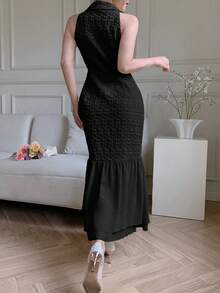 Modelyn Elegant Blazer Collar Double-Breasted Chiffon Patchwork Jacquard Yellow Dress - Black - View 6