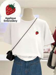 INAWLY Blusa casual y cómoda, camiseta con bordado de fresa, primavera/verano - Blanco - Ver 1